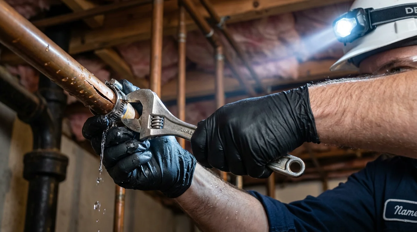 Emergency pipe clamp repair being performed by a Johns Plumbing LLC plumber in Lovell