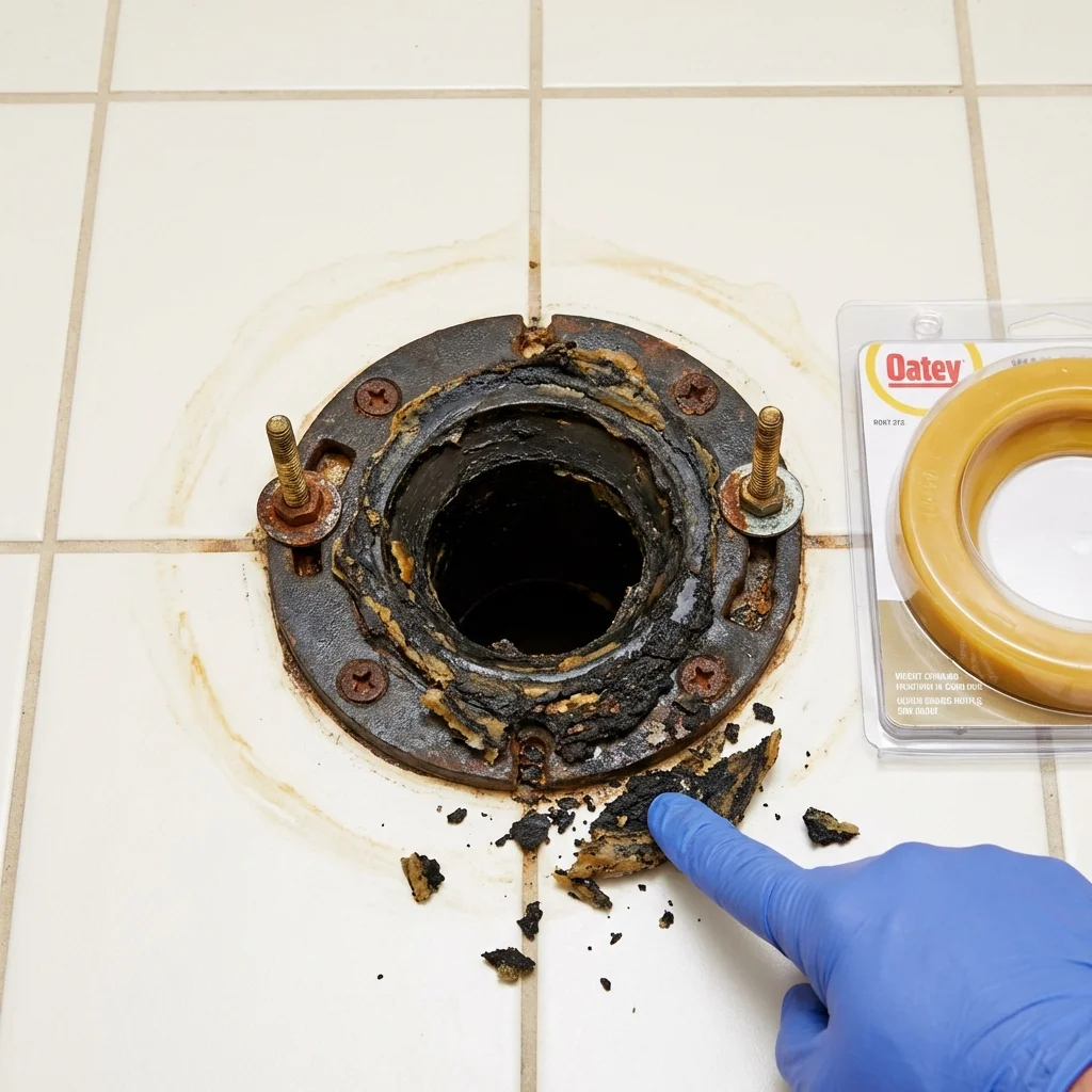 Failed wax ring showing water seepage at the base of a toilet in a Lovell, ME home