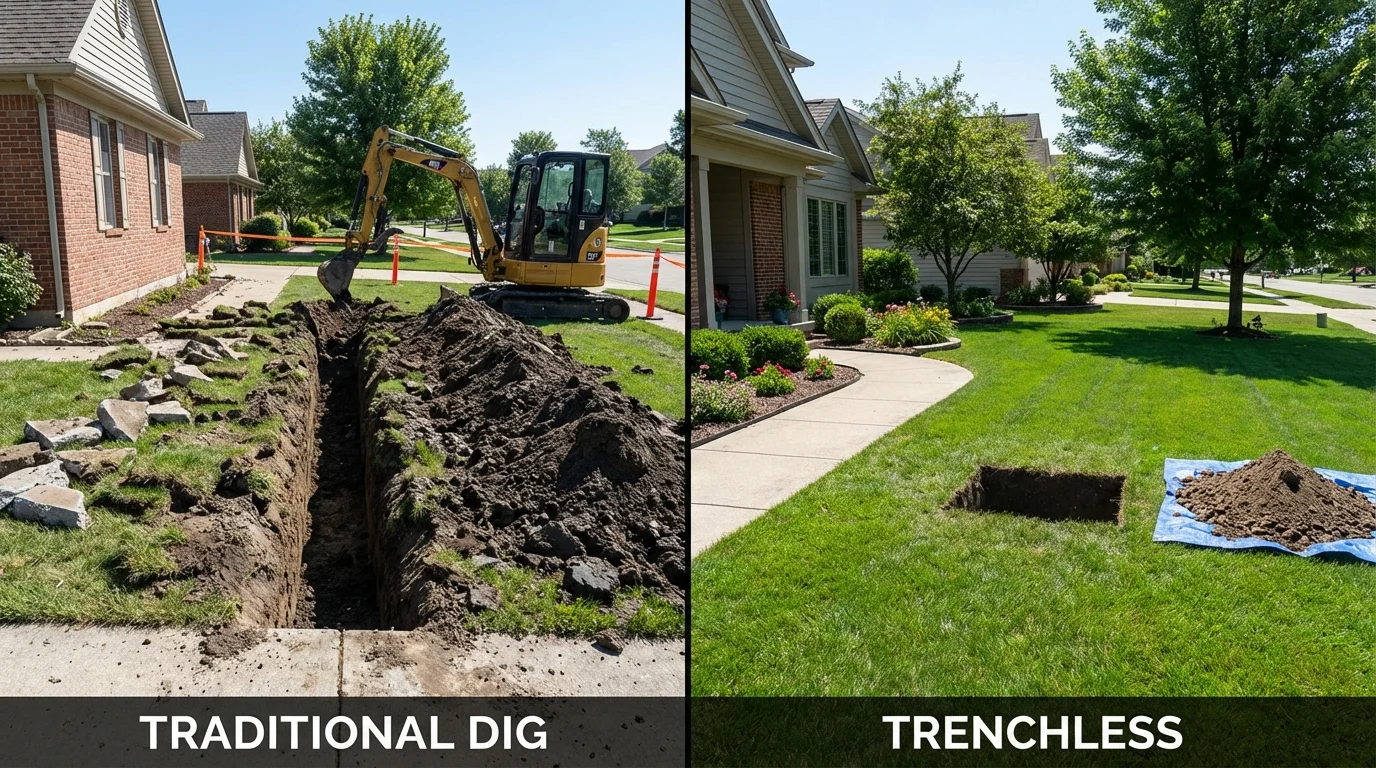 Trenchless sewer repair with minimal yard damage versus traditional excavation in Lovell, ME